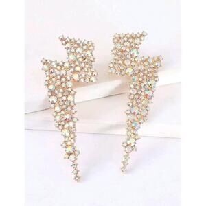 Gold Tone Metal Sparkling CZ Lighting Bolt Retro Drop Long Earrings